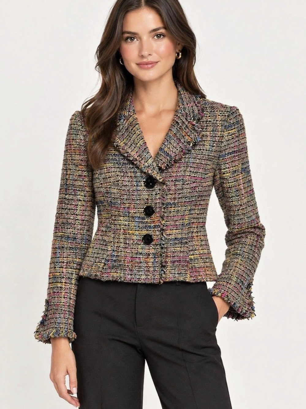 Trina Turk Multicolor Tweed Fringe Blazer Size 6